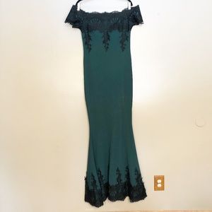 Emerald Green with Black Lace Evening Prom Dress